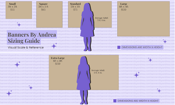 Original Banners by Andrea sizing guide comparing Small 3 by 2 feet at $55, Square 3 by 3 feet at $65, Standard 5 by 3 feet at $75, Large 6 by 4 feet at $120, and Extra Large 8 by 4 feet at $150 beside a 5-foot-6-inch adult.